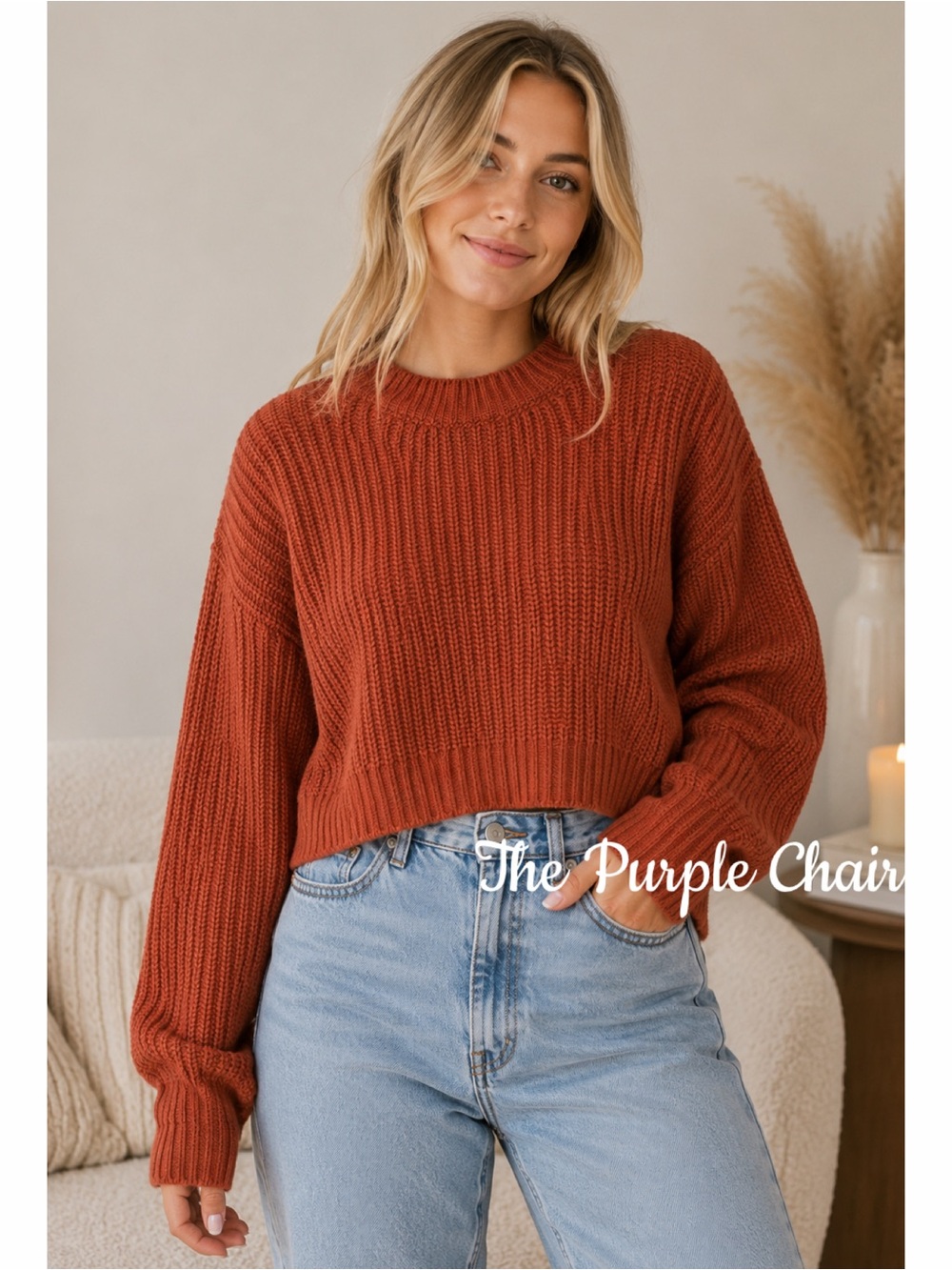 ELODIE NWT Rust Crewneck Cropped Sweater L